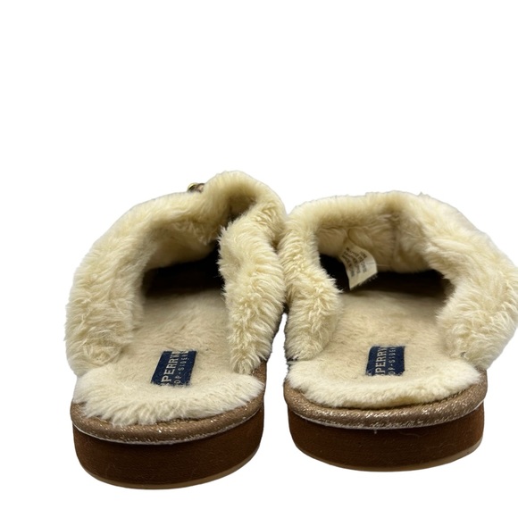 Sperry Rare Top Sider Gold Glitter Fur Trim Leather Slip On Comfy Clog Slippers - Picture 9 of 14